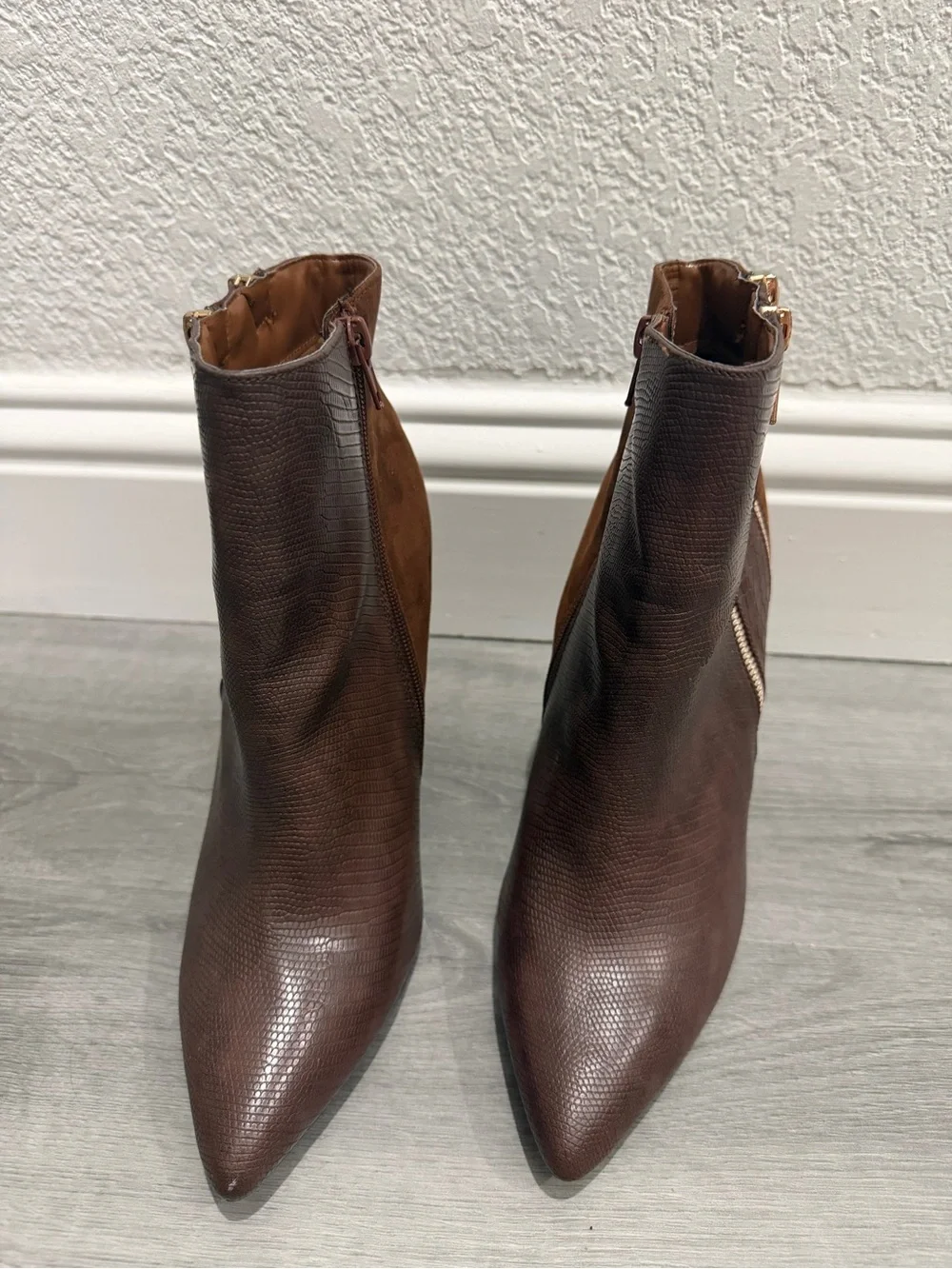 Shoe Dazzle Two-Tone Brown Pointed Ankle Booties with Gold Zippers